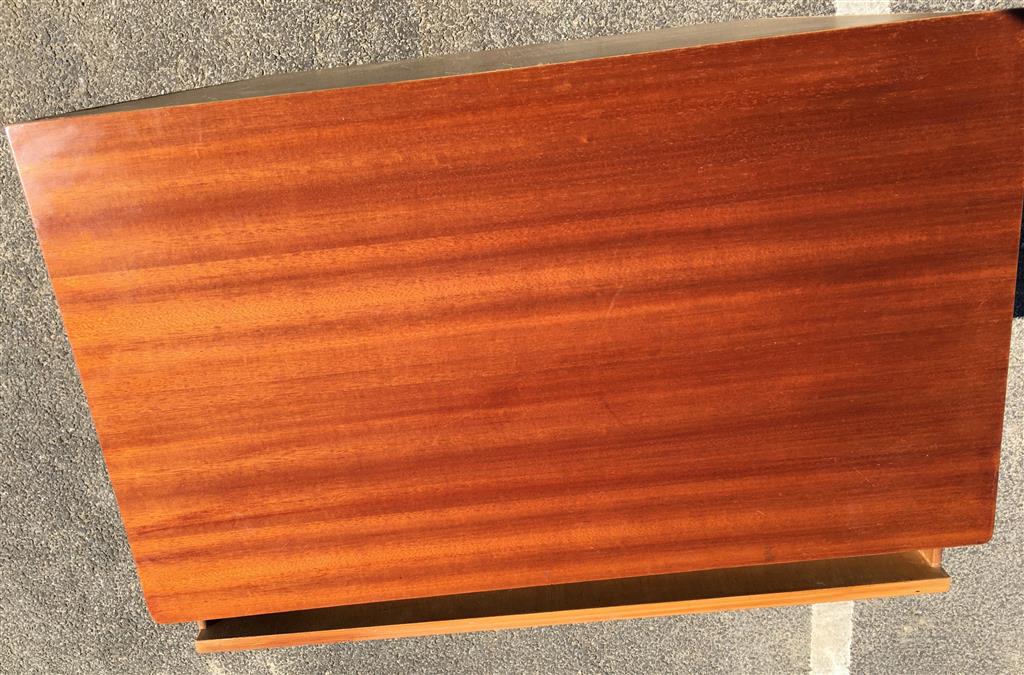 A mid century design mahogany and teak five drawer chest, circa 1960, width 77cm, depth 45cm, height 107cm